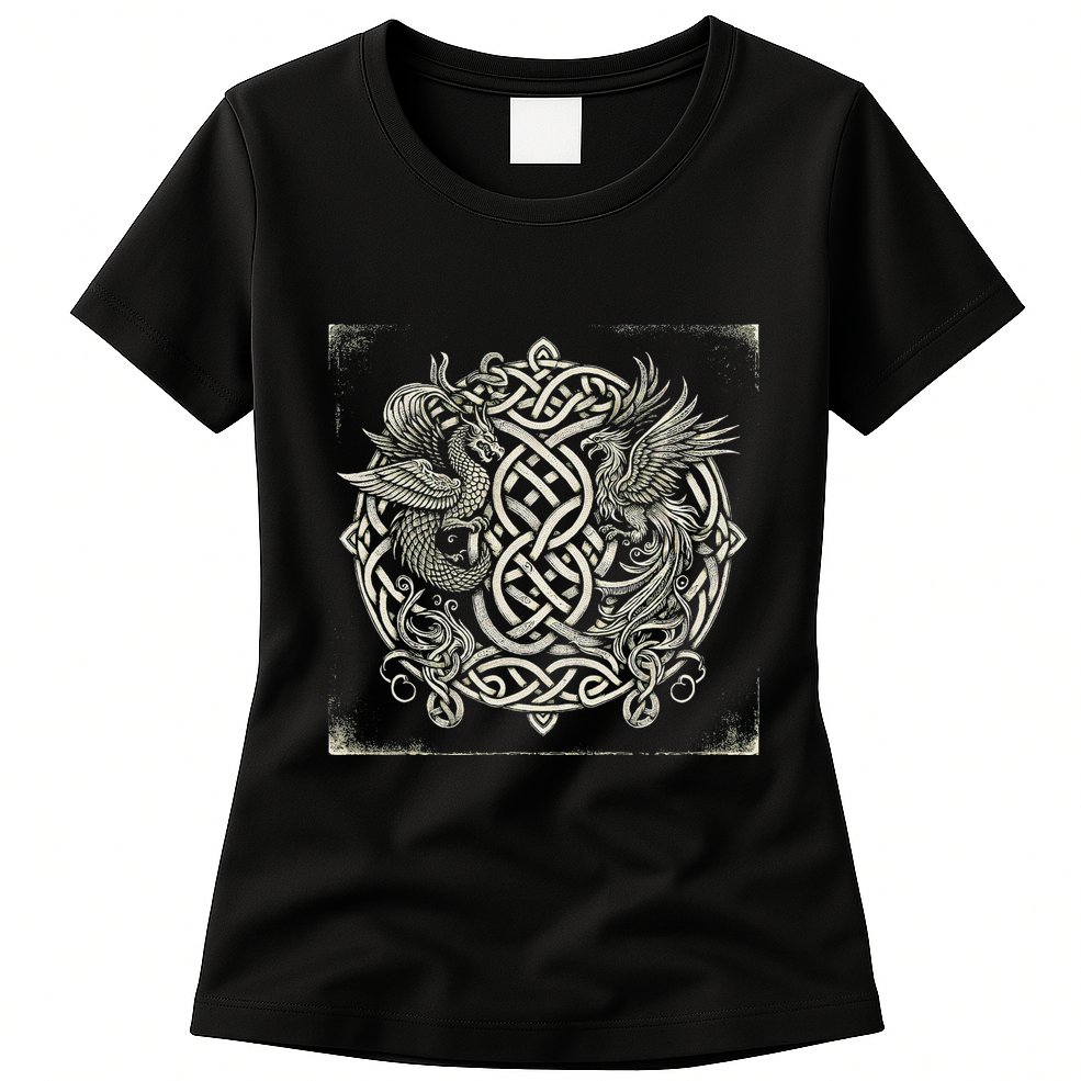 Intricate Celtic Knot With Dragon And Phoenix Womens T-Shirt