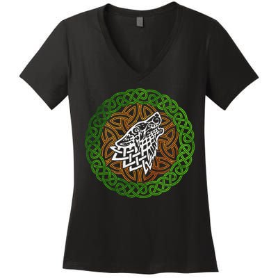 Ireland Celtic Knotwork Design Ornament Wolf Original Celtic Women's V-Neck T-Shirt