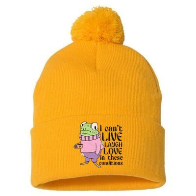 I Cant Live Laugh Love In These Conditions Funny Frog Meme Pom Pom 12in Knit Beanie