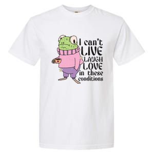 I Cant Live Laugh Love In These Conditions Funny Frog Meme Garment-Dyed Heavyweight T-Shirt