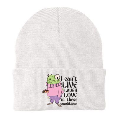 I Cant Live Laugh Love In These Conditions Funny Frog Meme Knit Cap Winter Beanie