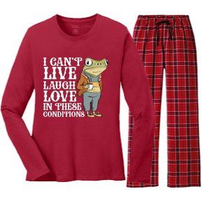 I Cant Live Laugh Love In These Conditions Funny Frog Meme Women's Long Sleeve Flannel Pajama Set 