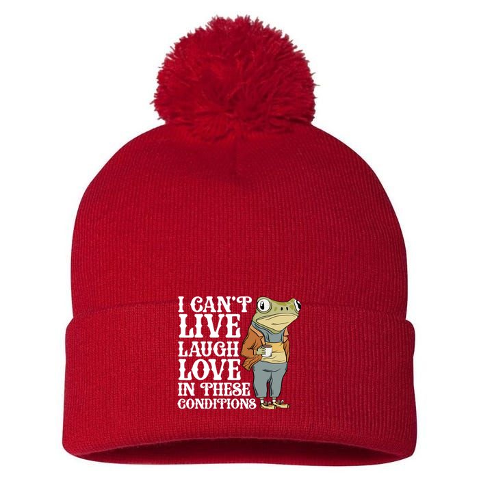 I Cant Live Laugh Love In These Conditions Funny Frog Meme Pom Pom 12in Knit Beanie