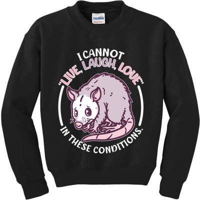 I Cannot Live Laugh Love In These Conditions Opossum Kids Sweatshirt