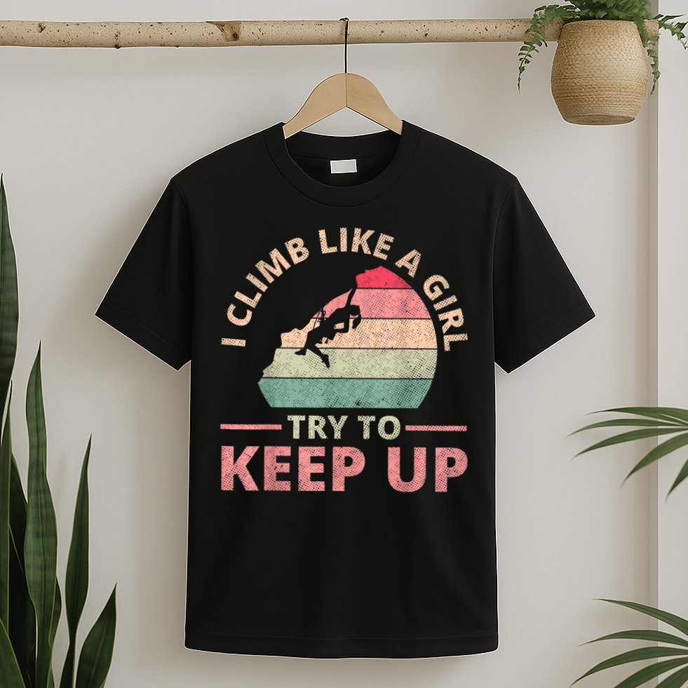 I Climb Like A Girl Rock Climbing Sunset Retro T-Shirt