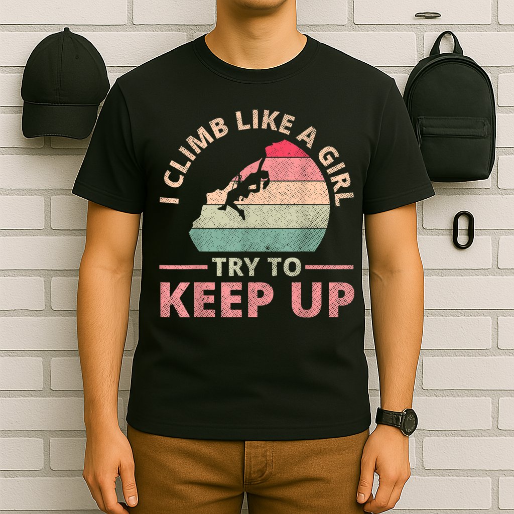 I Climb Like A Girl Rock Climbing Sunset Retro T-Shirt
