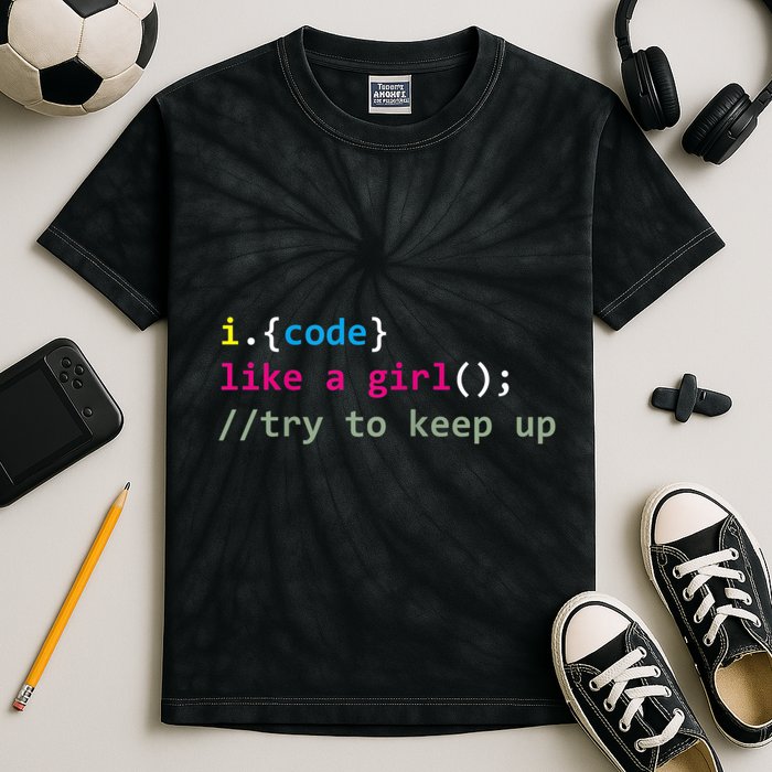 I Code Like A Girl Try To Keep Up Funny Coding Developer Kids Tie-Dye T-Shirt
