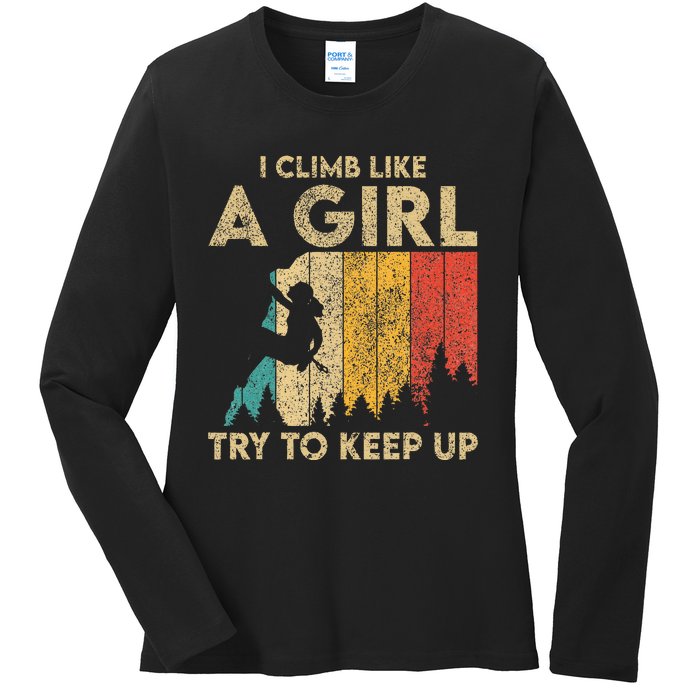 I Climb Like A Girl Vintage Rock Climbing Bouldering Ladies Long Sleeve Shirt