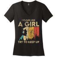 I Climb Like A Girl Vintage Rock Climbing Bouldering Women's V-Neck T-Shirt