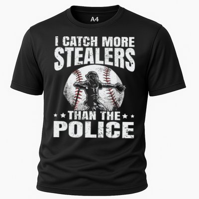 I Catch More Stealers Than The Police Funny Baseball Catcher Cooling Performance Crew T-Shirt