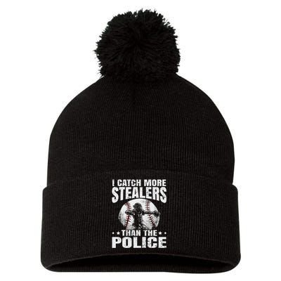 I Catch More Stealers Than The Police Funny Baseball Catcher Pom Pom 12in Knit Beanie