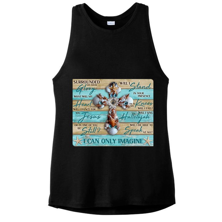 I Can Only Imagine Faith Sea Shell Cross Ladies PosiCharge Tri-Blend Wicking Tank