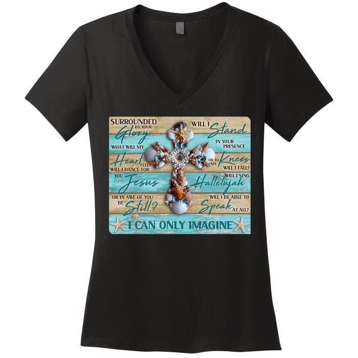 I Can Only Imagine Faith Sea Shell Cross Women's V-Neck T-Shirt