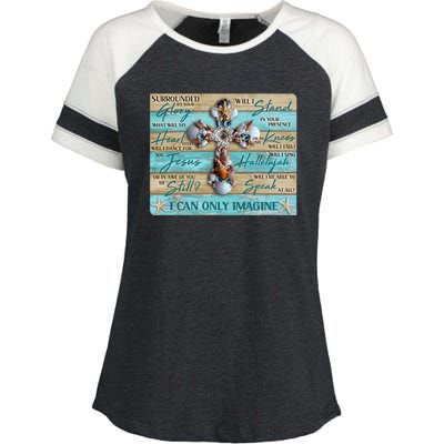 I Can Only Imagine Faith Sea Shell Cross Enza Ladies Jersey Colorblock Tee