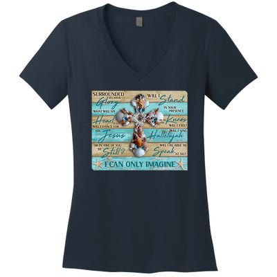 I Can Only Imagine Faith Sea Shell Cross Women's V-Neck T-Shirt