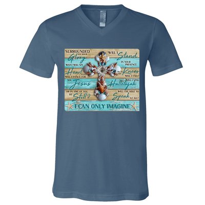 I Can Only Imagine Faith Sea Shell Cross V-Neck T-Shirt