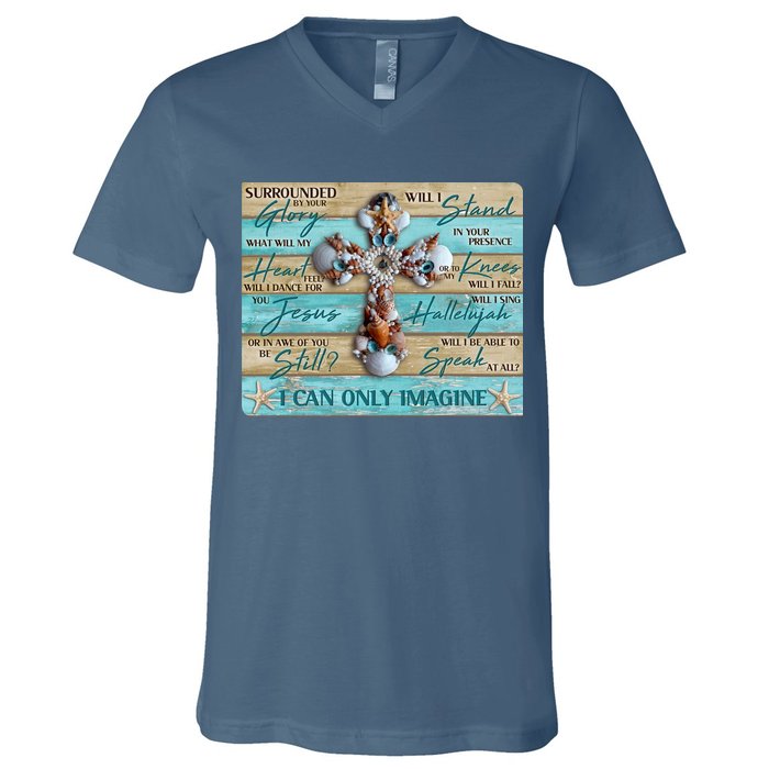 I Can Only Imagine Faith Sea Shell Cross V-Neck T-Shirt
