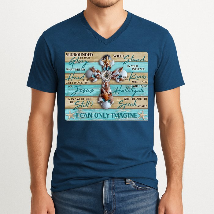 I Can Only Imagine Faith Sea Shell Cross V-Neck T-Shirt