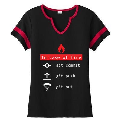 In Case Of Fire Git Commit Push Funny Programmer Ladies Halftime Notch Neck Tee