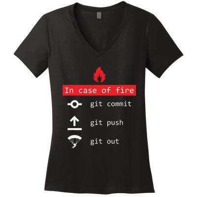 In Case Of Fire Git Commit Push Funny Programmer Women's V-Neck T-Shirt