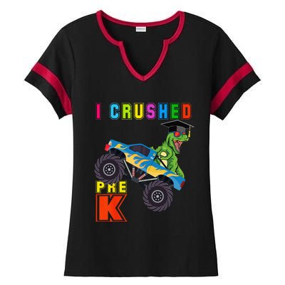 I Crushed PreK TRex Monster Truck Graduation Cap Ladies Halftime Notch Neck Tee