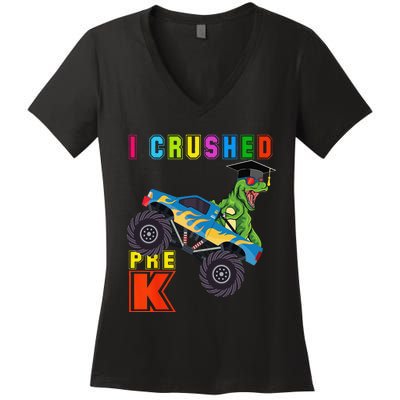 I Crushed PreK TRex Monster Truck Graduation Cap Women's V-Neck T-Shirt