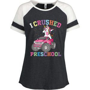 I Crushed Preschool Dabbing Unicorn Truck Graduation Gift Enza Ladies Jersey Colorblock Tee