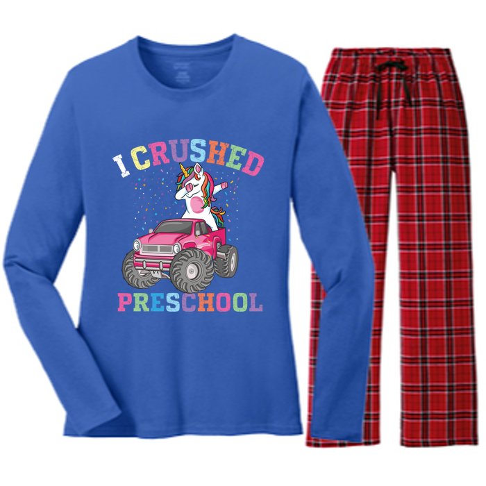 I Crushed Preschool Dabbing Unicorn Truck Graduation Gift Women's Long Sleeve Flannel Pajama Set 