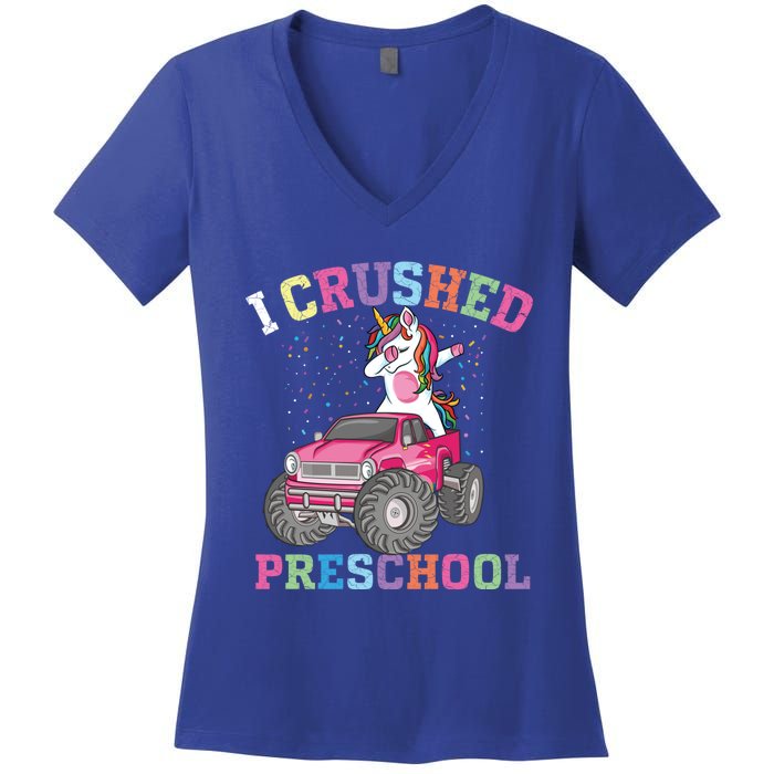 I Crushed Preschool Dabbing Unicorn Truck Graduation Gift Women's V-Neck T-Shirt