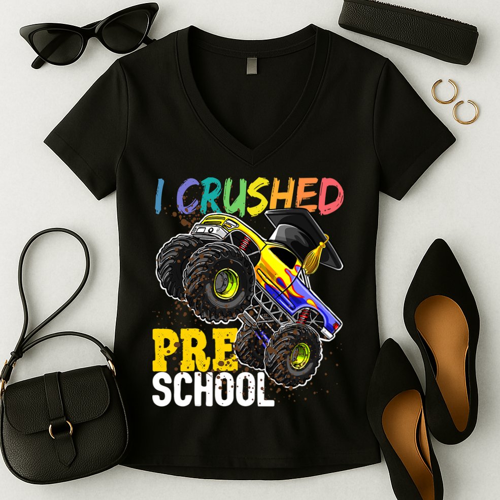 I Crushed Preschool Monster Truck Graduation Cap Gift Boys Women's V-Neck T-Shirt