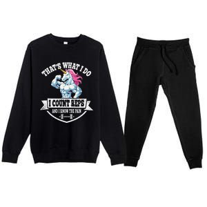 I Count Reps Funny Unicorn Workout Training Premium Crewneck Sweatsuit Set