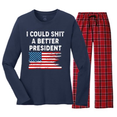 I Could Shit A Better President Distressed USA American Flag Women's Long Sleeve Flannel Pajama Set 