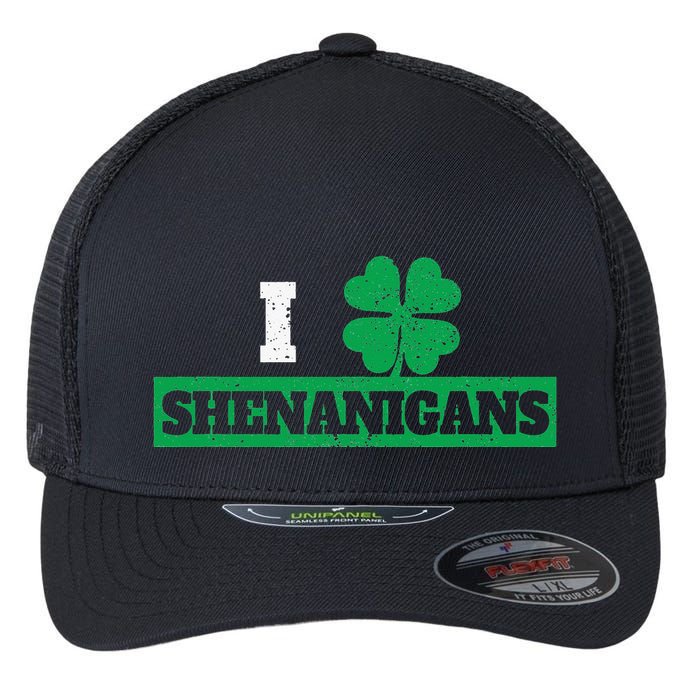 I Clover Shenanigans Funny Irish St Patricks Day Shamrock Flexfit Unipanel Trucker Cap