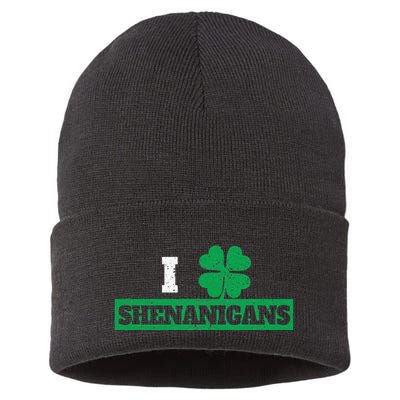 I Clover Shenanigans Funny Irish St Patricks Day Shamrock Sustainable Knit Beanie
