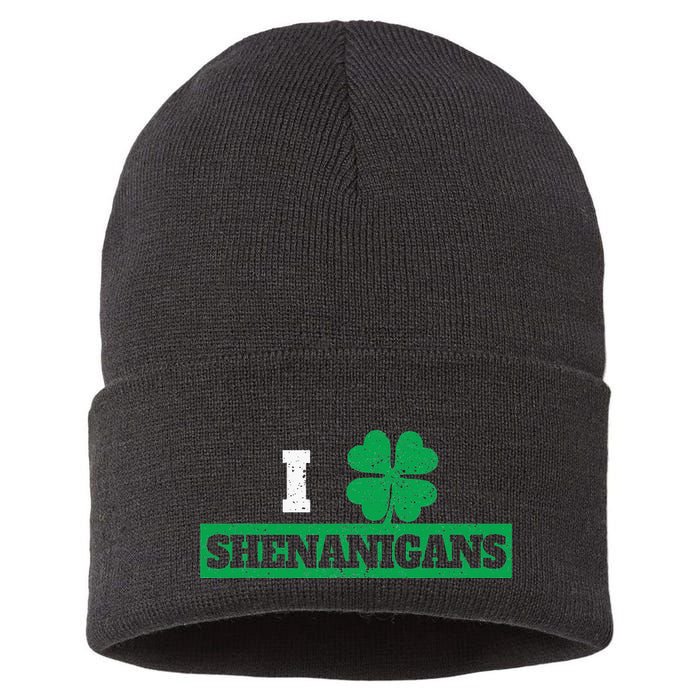 I Clover Shenanigans Funny Irish St Patricks Day Shamrock Sustainable Knit Beanie