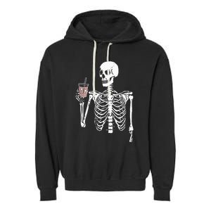 Iced Coffee Skeleton Drinking Halloween Skull Garment-Dyed Fleece Hoodie