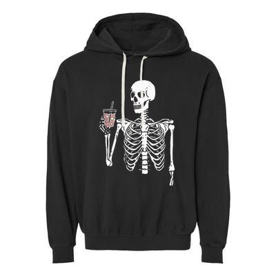 Iced Coffee Skeleton Drinking Halloween Skull Garment-Dyed Fleece Hoodie