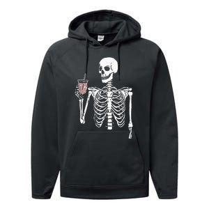 Iced Coffee Skeleton Drinking Halloween Skull Performance Fleece Hoodie