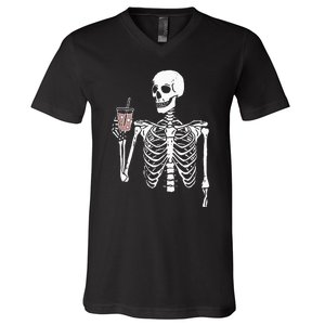 Iced Coffee Skeleton Drinking Halloween Skull V-Neck T-Shirt