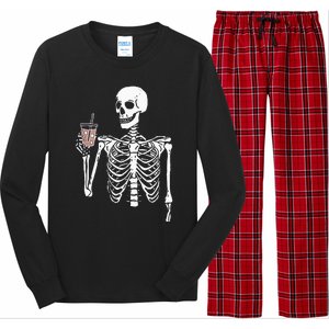 Iced Coffee Skeleton Drinking Halloween Skull Long Sleeve Pajama Set