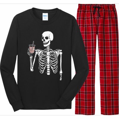 Iced Coffee Skeleton Drinking Halloween Skull Long Sleeve Pajama Set