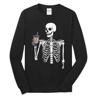 Iced Coffee Skeleton Drinking Halloween Skull Tall Long Sleeve T-Shirt