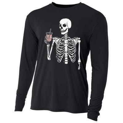 Iced Coffee Skeleton Drinking Halloween Skull Cooling Performance Long Sleeve Crew