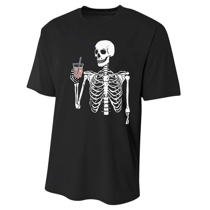 Iced Coffee Skeleton Drinking Halloween Skull Performance Sprint T-Shirt