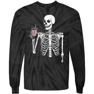 Iced Coffee Skeleton Drinking Halloween Skull Tie-Dye Long Sleeve Shirt