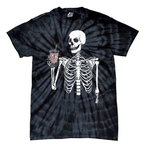 Iced Coffee Skeleton Drinking Halloween Skull Tie-Dye T-Shirt