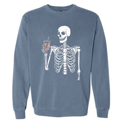 Iced Coffee Skeleton Drinking Halloween Skull Garment-Dyed Sweatshirt