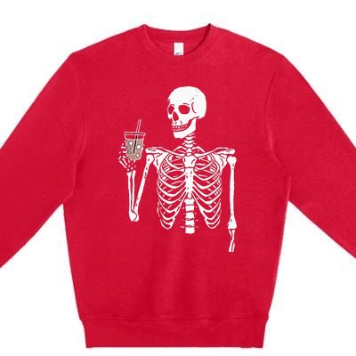 Iced Coffee Skeleton Drinking Halloween Skull Premium Crewneck Sweatshirt