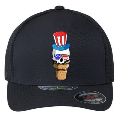 Ice Cream Skull 4th Of July Funny USA Flag Patriotic Flexfit Unipanel Trucker Cap