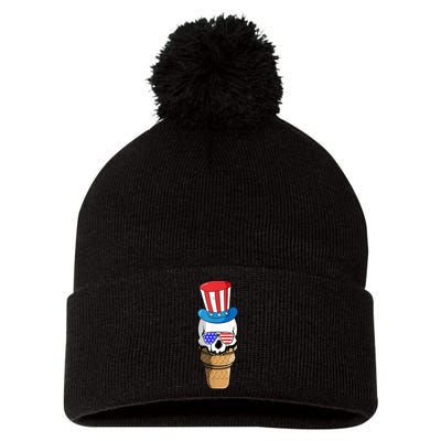 Ice Cream Skull 4th Of July Funny USA Flag Patriotic Pom Pom 12in Knit Beanie